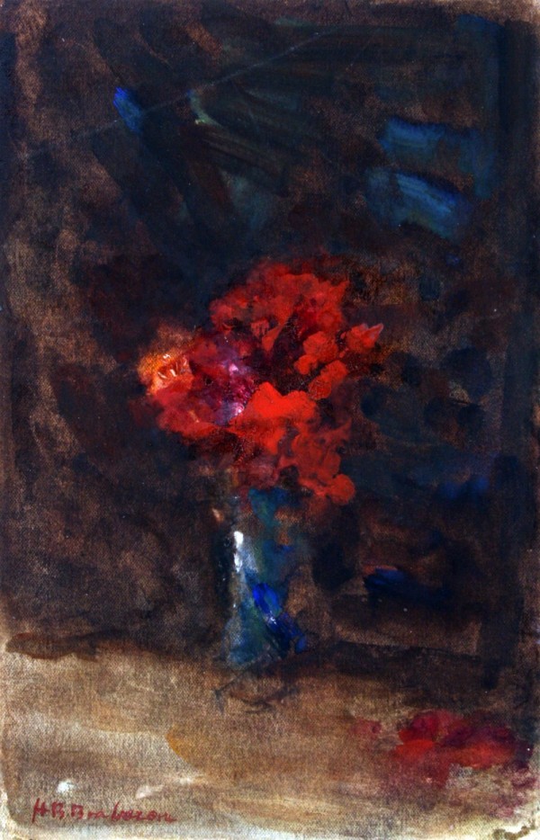 Red flowers in a blue vase by Hercules Brabazon Brabazon